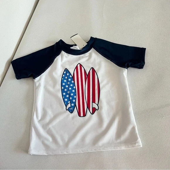 Jumping Beans Rashguard Size 2 Toddler Boys Top Short Sleeve Surf Board Print - Picture 1 of 4